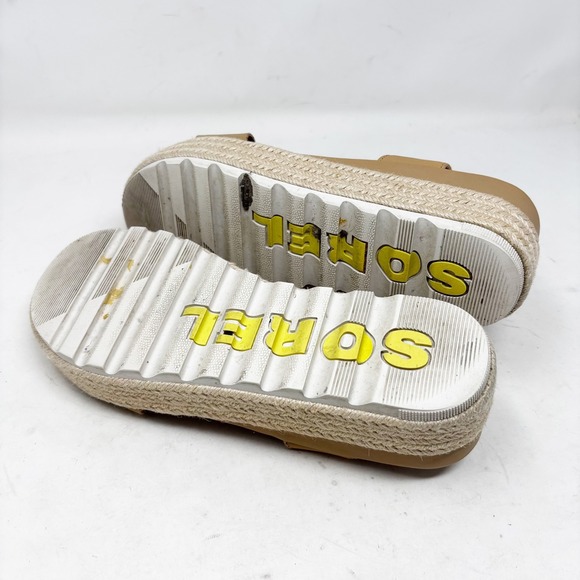 Sorel Tan Leather Espadrille Platform Wedge Sandals Size 9.5 Adjustable Strap - Picture 5 of 9